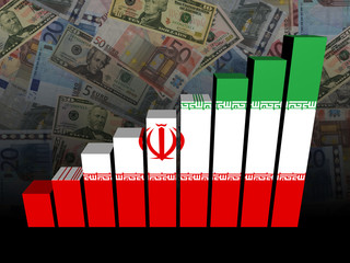 Iranian flag bar chart over Euros and Dollars illustration