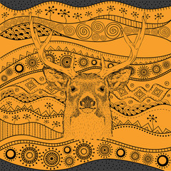 Hand draw deer portra on African hand draw ethno pattern, tribal background. Beautiful black woman. Profile view. Vector illustration