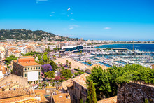 Top Cityscape View On French Riviera With Yachts In Cannes City