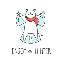Enjoy The Winter. Doodle Vector Illustration Of Cute White Cat Making A Snow Angel