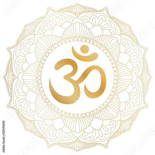 Aum Om Ohm symbol in decorative round mandala ornament. Canvas Print