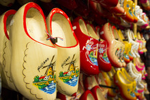 Clogs For Sale At A Dutch Shop. Wooden Shoes Are A Well Know Traditional Souvenir From Holland