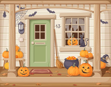 Vector Illustration Of A Front Door And Porch With Pumpkins Decorated For Halloween.