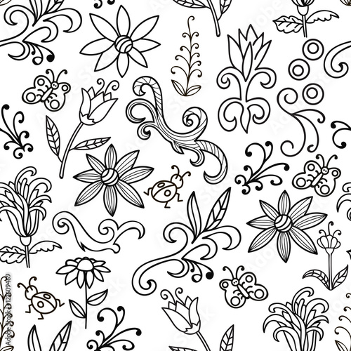 Black And White Floral Pattern With Flowers Swirls Insects Butterfly Seamless Botanic Texture Detailed Hand Drawn Floral In Doodle Style Background Vector Stock Vector Adobe Stock