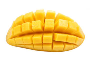 Wall Mural - mango slice cut to cubes close up isolated