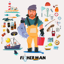 Fisherman With Big Fish In Hand. Fishery Icon Set. Graphic Eleme