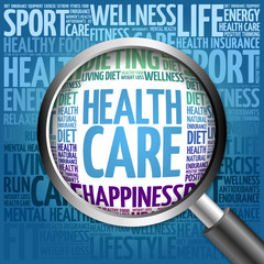 Wall Mural - Health care word cloud with magnifying glass, health concept