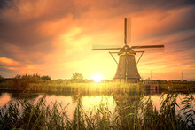 Beautiful Sunset Over Kinderdijk Windmill, Unesco World Heritage Monument, Alblasserdam, Netherlands