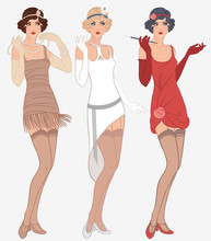 Flapper Girls Set: Three Young Beautiful Women Of 1920s