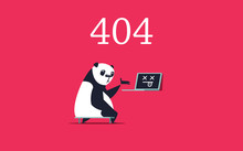 Error 404 Page. Sad Panda Pointing On Dead Computer. Error Page Design Template.