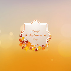 Wall Mural - Vector set of colorful leaves with label design. Autumn vector design and bokeh background.

