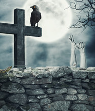 Halloween Mystical Background With Cross And Stone Wall