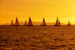 Regaty jachtów na morzu podczas zachodu słońca 