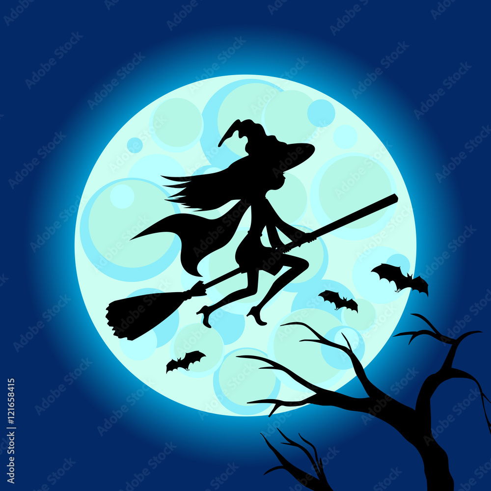 Halloween illustration of mysterious night sky with witch fly on broom and  moon. Template for your design. Vector drawing. Stock Vector | Adobe Stock, image size:1000x1000