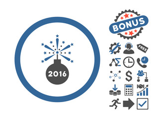 2016 Fireworks Detonator pictograph with bonus symbols. Vector illustration style is flat iconic bicolor symbols, cobalt and gray colors, white background.