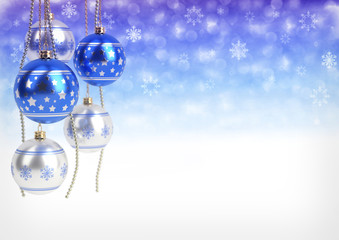 Wall Mural - blue and silver christmas balls hanging on bokeh background. 3D render