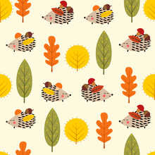 Hedgehog And Decorative Leaves Seamless Pattern. Autumn Forest Nature Background. Baby Hedgehog With Trees Vector Illustration. Design For Textile, Wallpaper, Fabric.