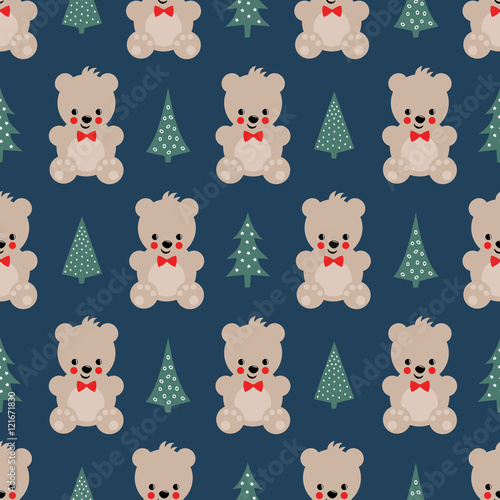 Teddy Bear With Xmas Trees Seamless Pattern On Dark Blue Background Cute Vector Background With Boy Teddy Bear And Christmas Tree Design For Print On Baby S Clothes Textile Wallpaper Fabric Buy