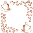 template for the invitation with mug of coffee and coffee beans on white background