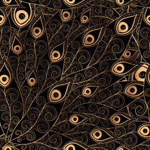 Gold Black Feathers Pattern Seamless. Golden Peacock Feather Vector Print For Design Invitation, Card, Wallpaper Or Fabric.