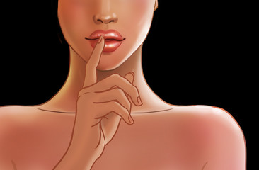  Beautiful African American woman with bare shoulders making a shushing gesture holding her index finger to her lips as she asks for silence or secrecy for a surprise illustration isolated 
