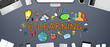 E-learning text and icons on office background