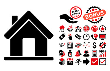 Wall Mural - Home pictograph with bonus pictures. Vector illustration style is flat iconic bicolor symbols, intensive red and black colors, white background.