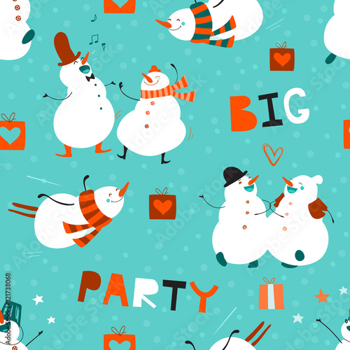 Materiał do szycia Nahtlose Muster große Party. Satz von lustig tanzen Schneemänner. Keine Wirkung. Kreative hand gezeichnete Design mit niedlichen Cartoon-Figuren. Festliche Winter Hintergrund geeignet für Stoffe, Tapeten, Verpackung, web