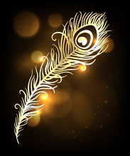 Shiny Gold Feather Over Dark Background. Concept For Temporary Tattoo