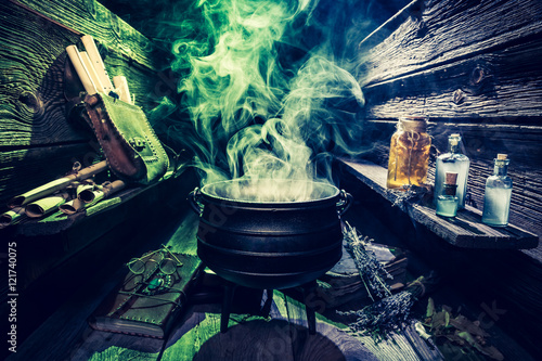 Magical witcher cauldron with scrolls, books and potions for Halloween Poster