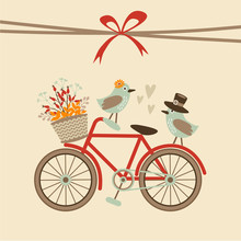 Cute Retro Wedding, Birthday, Baby Shower Card, Invitation . Bicycle And Birds. Autumn, Fall Vector Illustration Background
