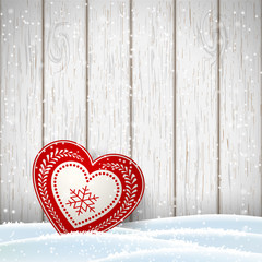 Wall Mural - Christmas motive in scandinavian style, red and white decorated hearts in front of bright wooden wall, illustration