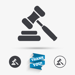 Sticker - Auction hammer icon. Law judge gavel symbol.