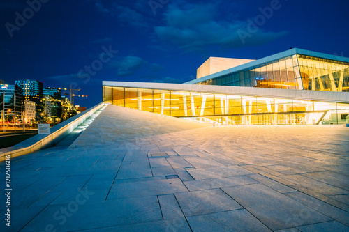 Oslo, Norway. Side View Of Brightly Illuminated Facade Of Opera Poster