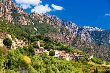 Wall Mural - Ota town with the mountains in the background near Evisa and Porto, Corsica, France