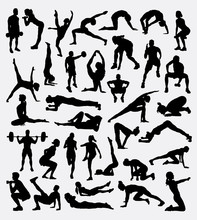 Fitness Sport Activity, Male And Female Exercise Silhouette. Good Use For Symbol, Logo, Web Icon, Mascot, Sign, Design, Sticker, Or Any Design You Want. Easy To Use.