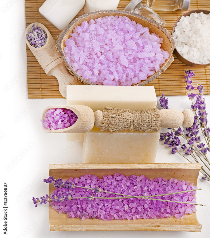 Beautiful spa composition with lavender on white background