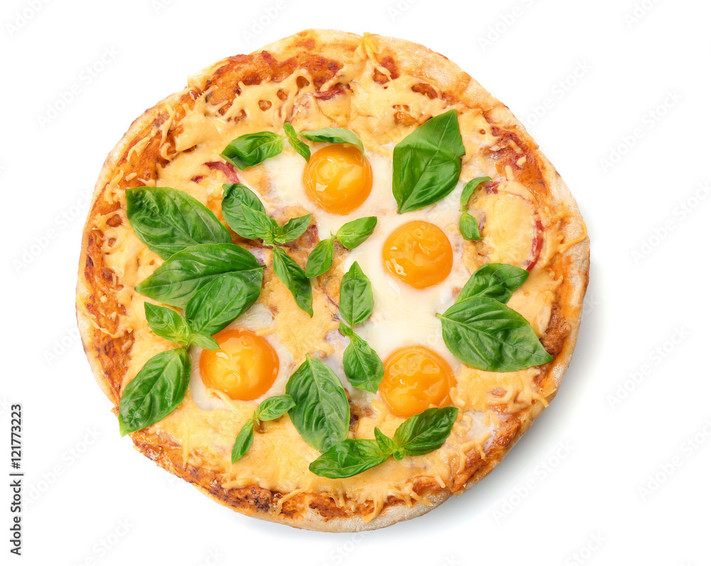 Margarita pizza with basil leaves and egg isolated on white