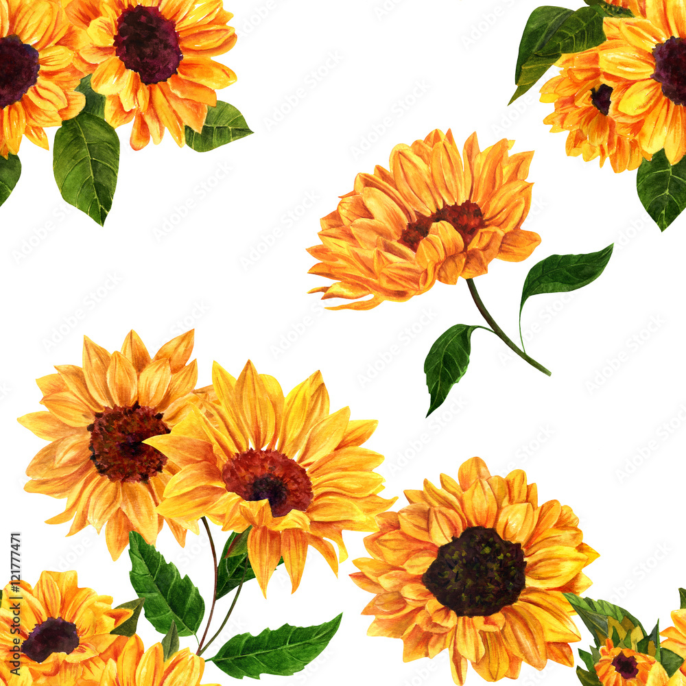 Seamless pattern with hand drawn watercolor sunflowers Stock ...