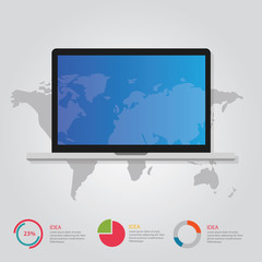 Wall Mural - laptop notebook and world map info graphic communication online internet concept data presentation t