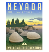 Nevada, Lake Tahoe United States Retro Travel Poster Or Luggage Sticker Vector Illustration