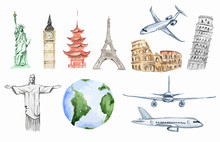 Watercolor World Travel Set. All Sightseeing From All Over The World As Big Ben, Liberty Statue, Colosseum And More. Airplanes.
