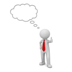 Fototapete - 3d business man standing and showing thumbs up like with blank thought bubble above his head isolated over white background