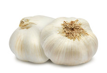 Isolated Two Head Of Garlic On White Background. Design Element For Product Label, Catalog Print, Web Use.