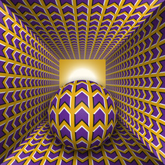 Wall Mural - Optical motion illusion illustration. A sphere are moving through square tunnel. Purple arrows on golden objects. Abstract fantasy in a surreal style.