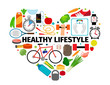 Healthy lifestyle heart emblem. Health, healthy food and active daily routine flat icons vector banner isolated on white background