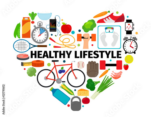 Healthy lifestyle heart emblem. Health, healthy food and active daily  routine flat icons vector banner isolated on white background Stock Vector  | Adobe Stock