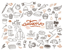 Hand-drawn Autumn Doodle Collection. Line Art Seasonal Set Of Illustrations.