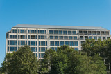 Fototapeta Londyn - big finance building with green trees in the foreground