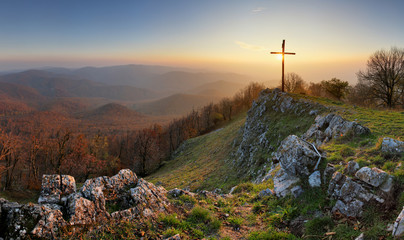 autumn mountain panorama in small karpaty with cross